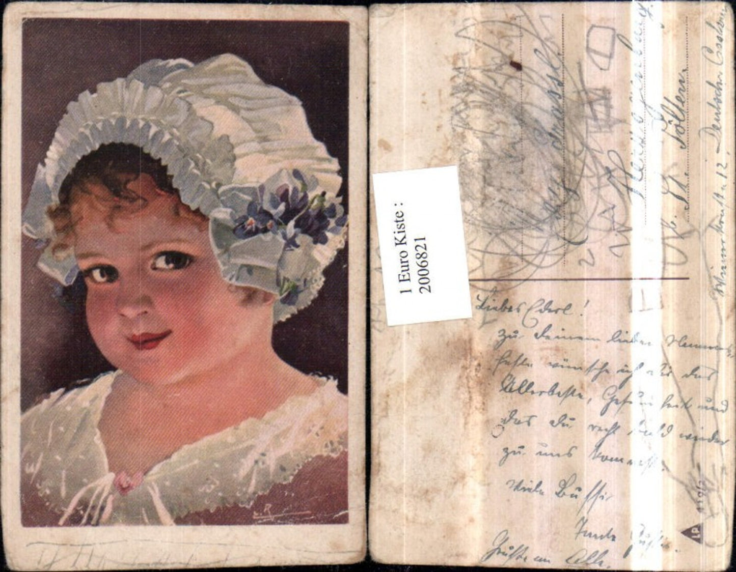 2006821,Künstler AK Kind Mädchen m. Haube Veilchen Blumen Portrait