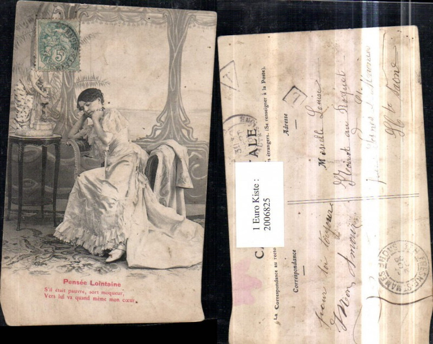 2006825,Pensee Lointaine Spruch Text Frau m. Kleid Sehnsucht Stuhl Sessel Tischchen