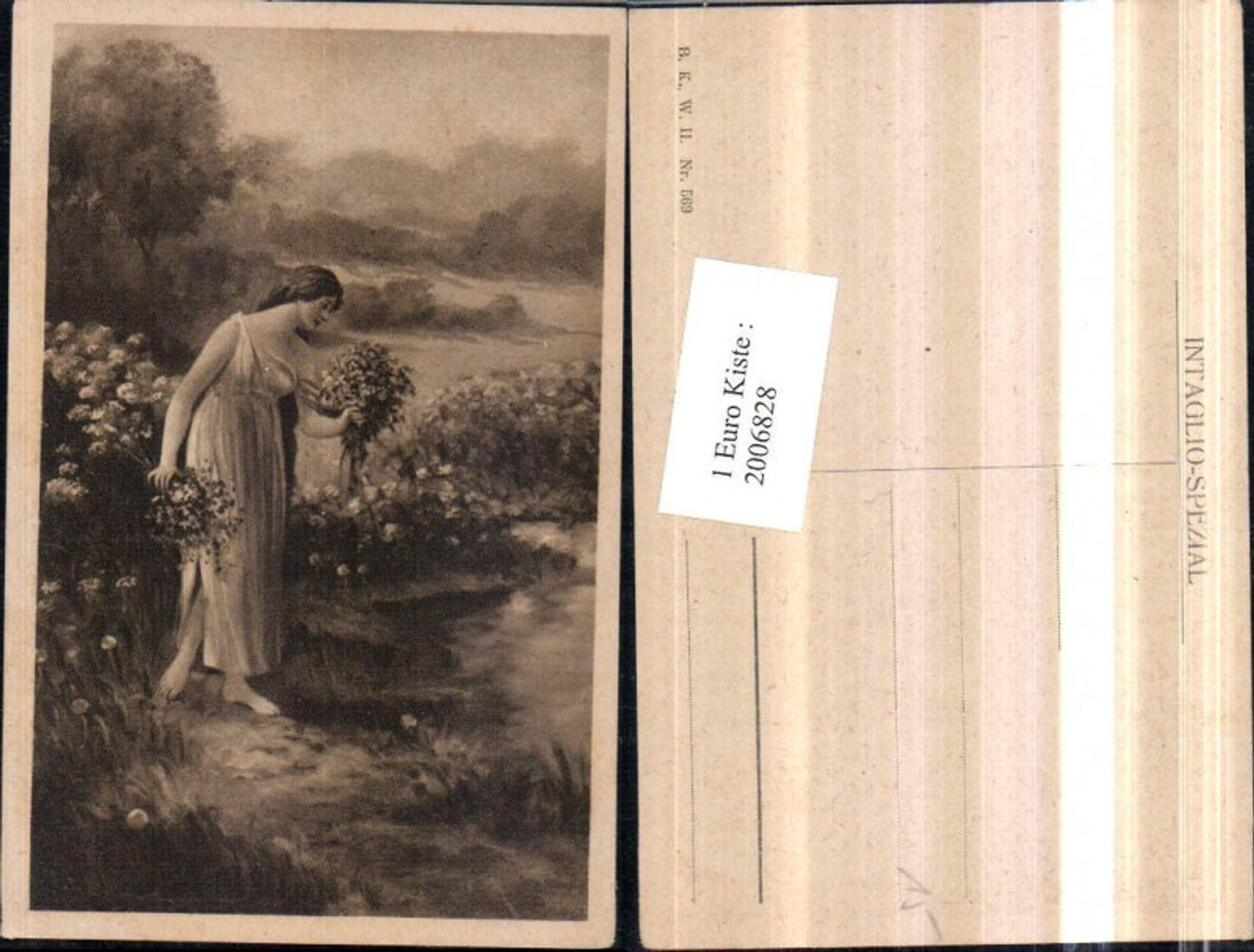 2006828,Künstler AK Frau m. Kleid Blumenstrauß Blumen Landschaft pub Brüder Kohn B.K.W.I. 569