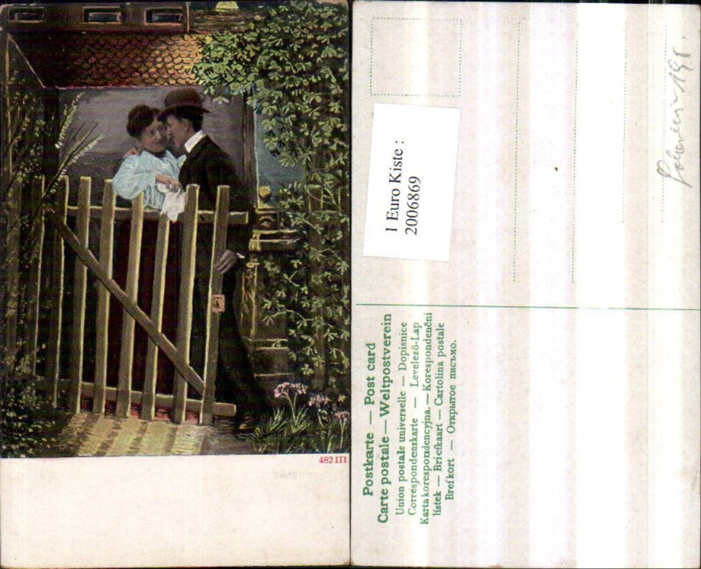 2006869,Liebe Liebespaar Mann m. Hut Anzug Frau m. Bluse Rock Tuch Gartentür