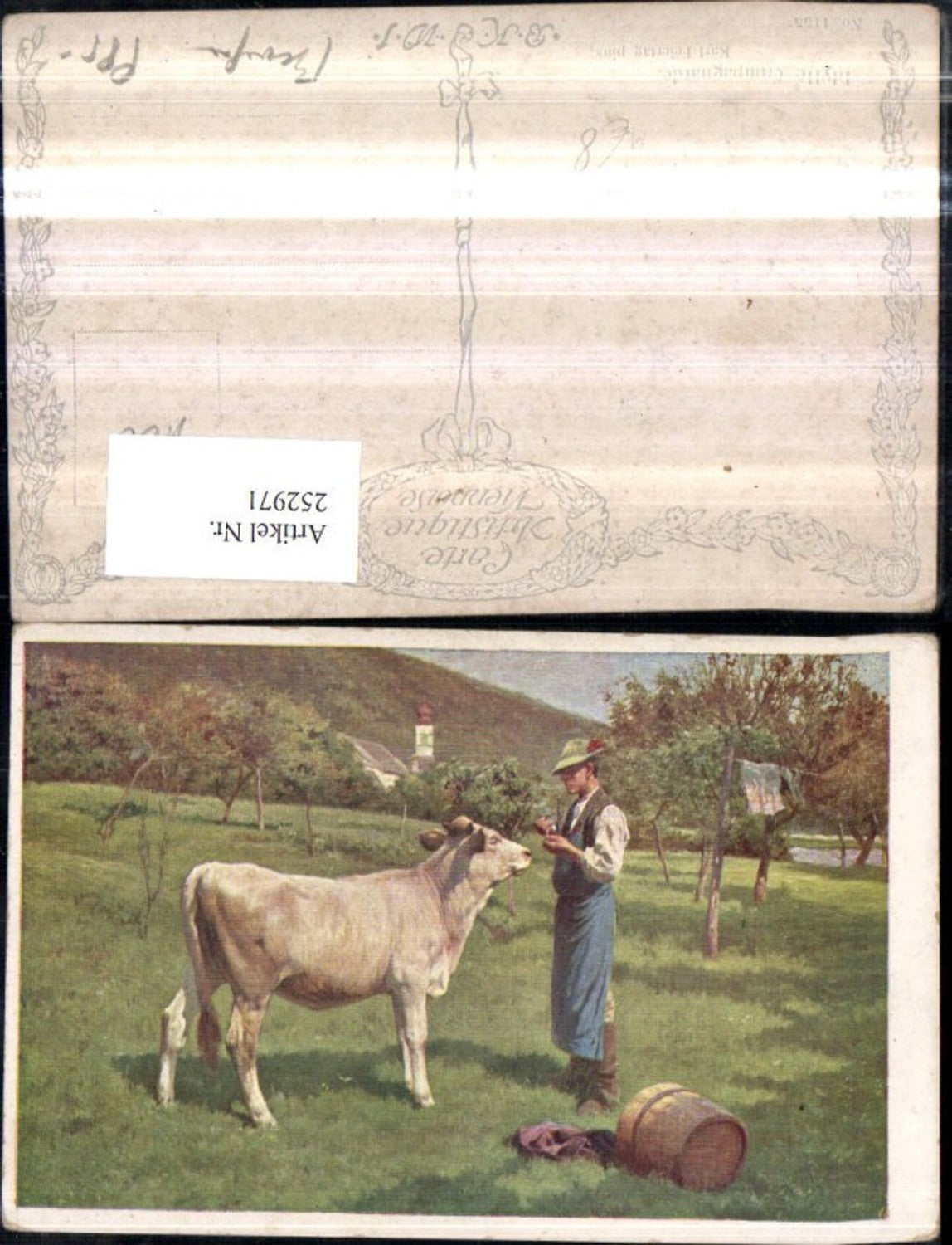 252971,Künstler AK Karl Feiertag Idylle campagnarde Mann m. Hut Pfeife Kuh Rind Wiese pub Brüder Kohn B.K.W.I. 1155