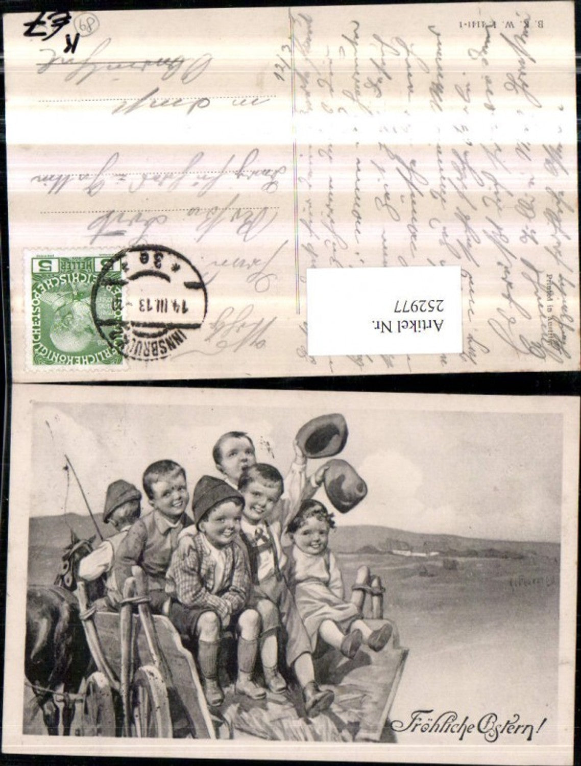 252977, Artist AK Karl Feiertag Children on the horse-drawn carriage Carriage Hats Suspenders pub Brothers Kohn BKWI 4141