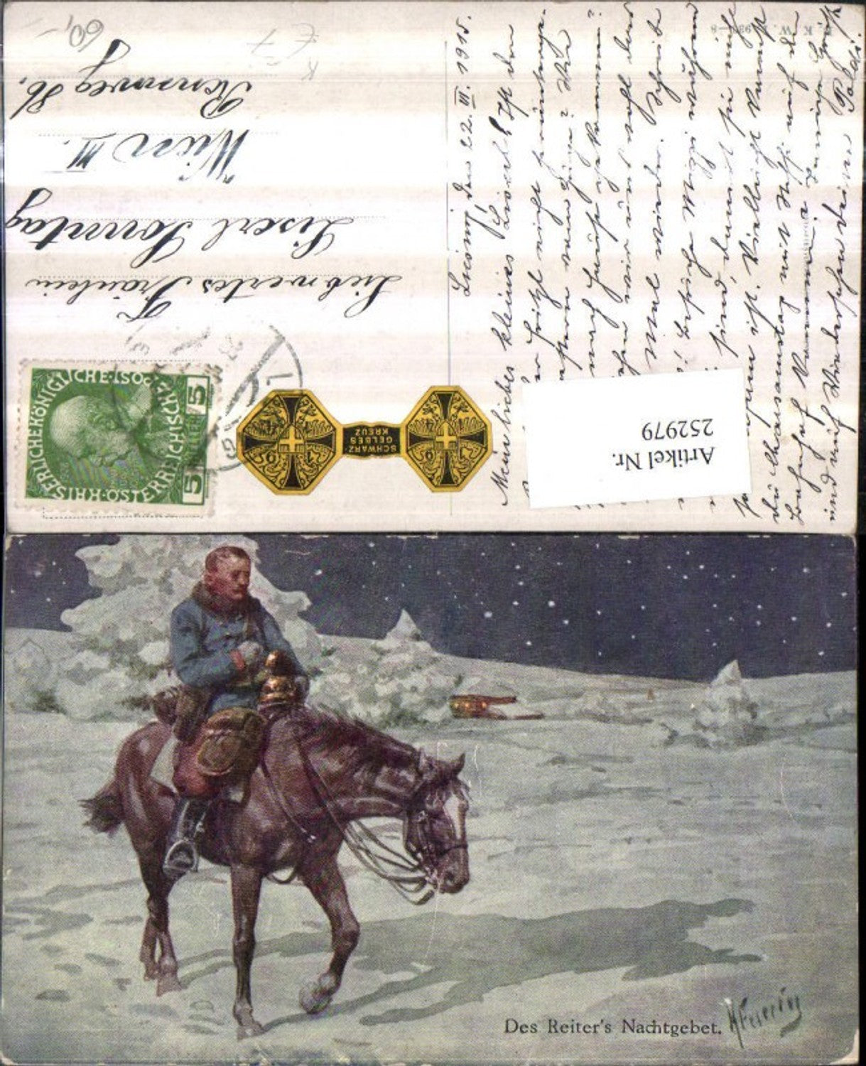 252979,Künstler AK Karl Feiertag Des Reiters Nachtgebet Mann Pferd Uniform Beten Winterlandschaft pub Brüder Kohn B.K.