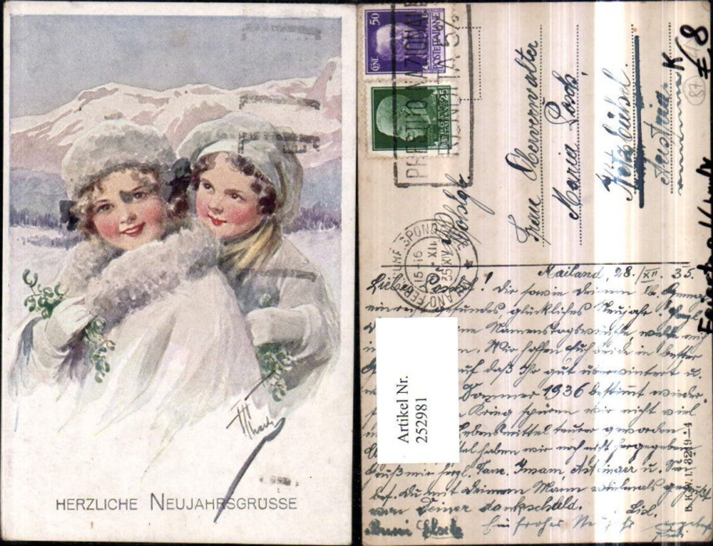 252981, Artist AK Karl Feiertag Charly New Year Children Bonnets Mistletoe pub Brothers Kohn BKWI 3219/4