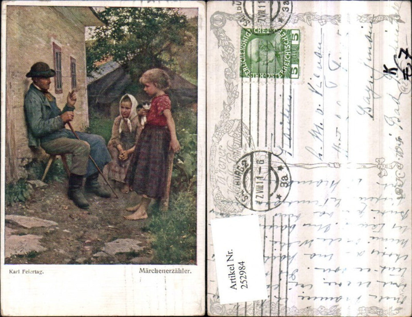 252984,Künstler AK Karl Feiertag Märchenerzähler Mann Vater m. Kinder Hut Katze pub Brüder Kohn B.K.W.I. 1092