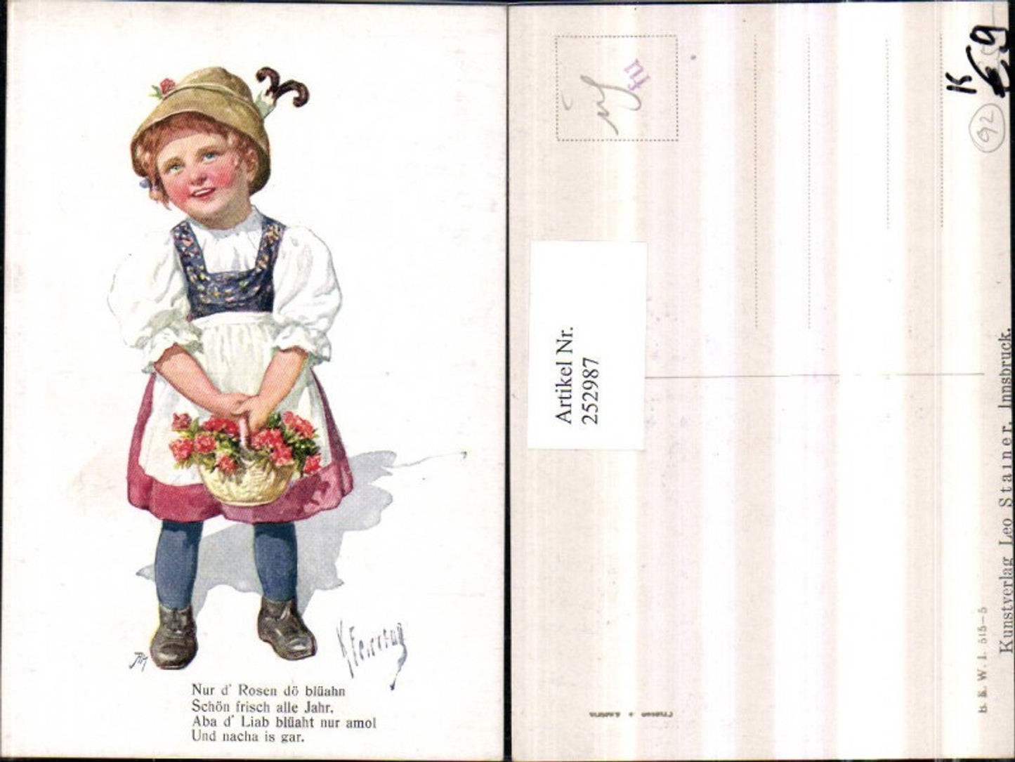 252987,Künstler AK Karl Feiertag Kind Mädchen in Tracht Kleid Hut pub Brüder Kohn B.K.W.I. 515/5
