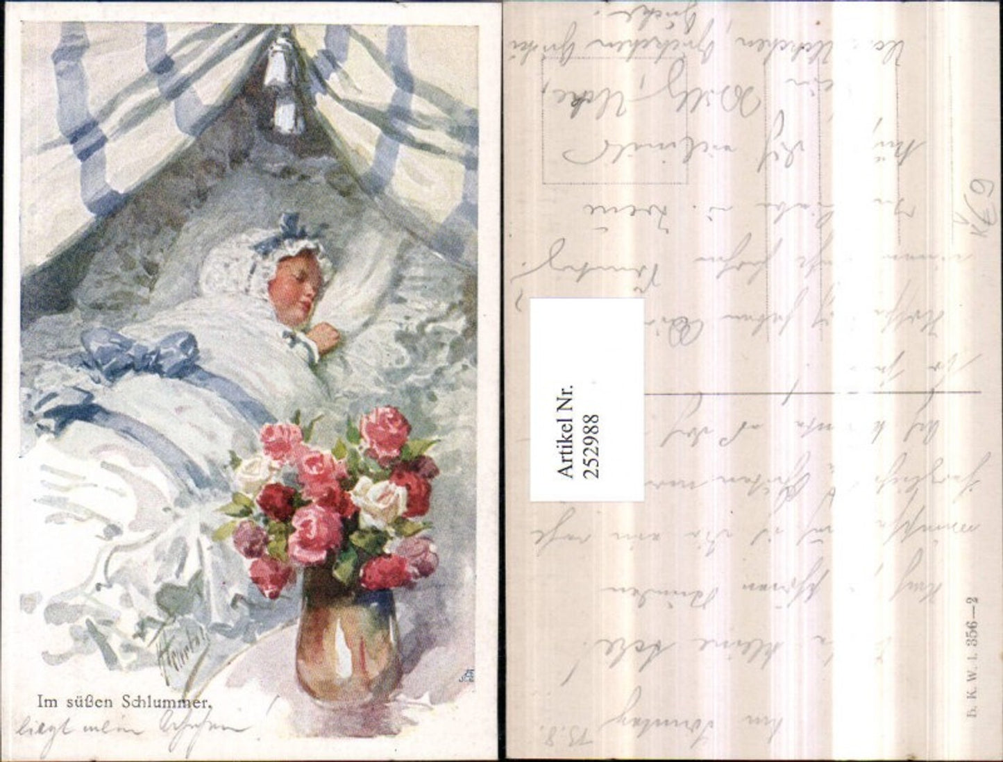 252988,Künstler AK Karl Feiertag Im süßen Schlummern Kind b. Schlafen Bett Rosenstrauß pub Brüder Kohn B.K.W.I. 356