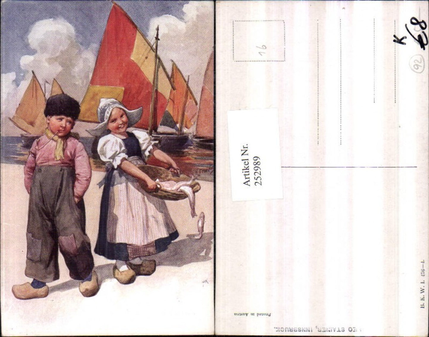 252989,Künstler AK Karl Feiertag Holländische Tracht Kinder Fische Pfeife Pantoffeln Segelboote pub Brüder Kohn B.K.W