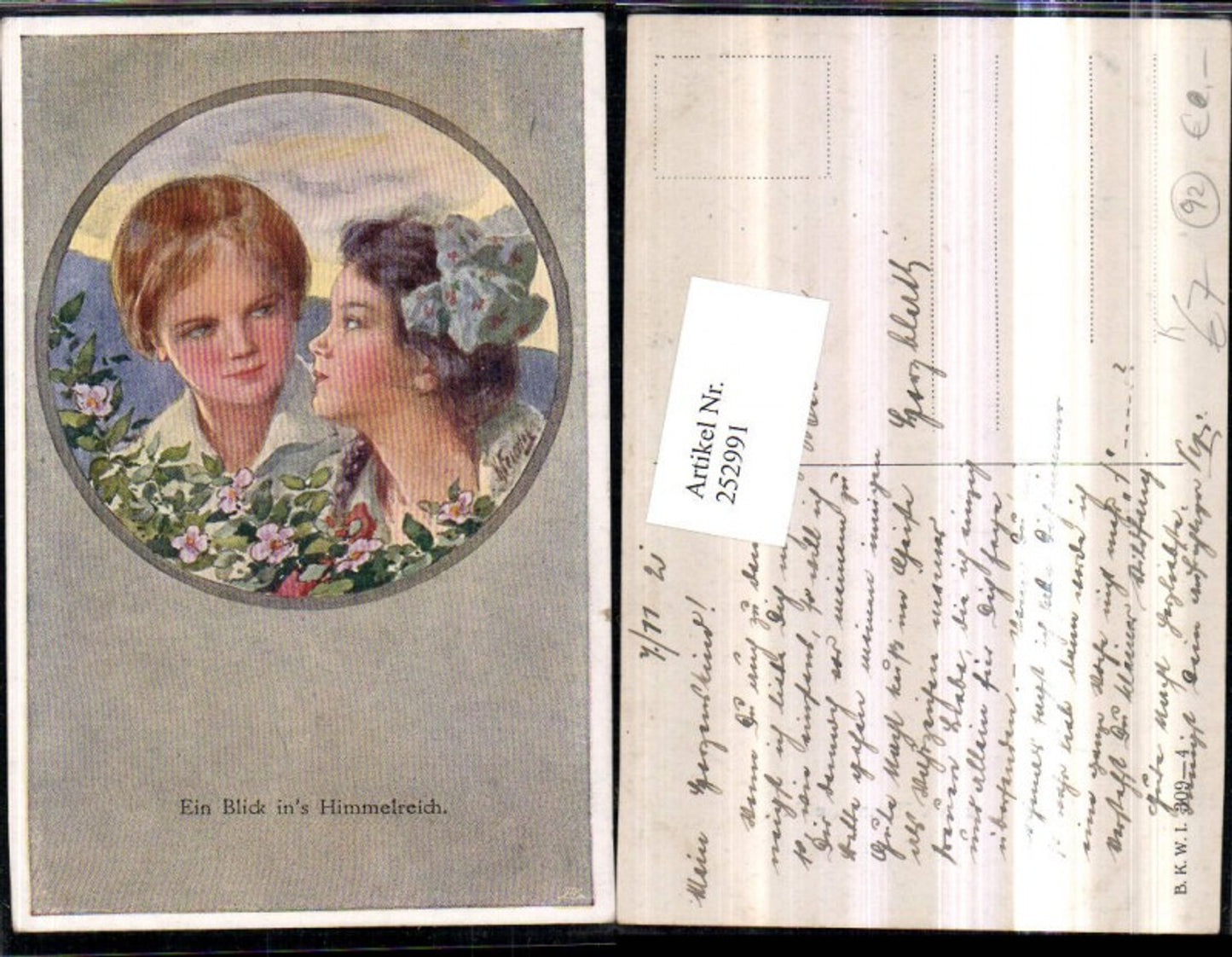 252991,Künstler AK Karl Feiertag Ein Blick ins Himmelreich Junge Mädchen Portrait Passepartout pub Brüder Kohn B.K.W.