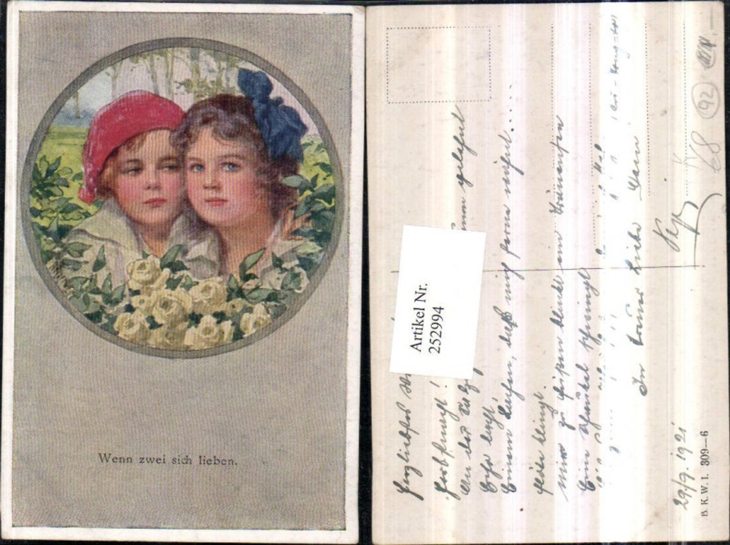 252994,Künstler AK Karl Feiertag Wenn zwei sich lieben Junge Mädchen Portrait Passepartout Rosen pub Brüder Kohn B.K.
