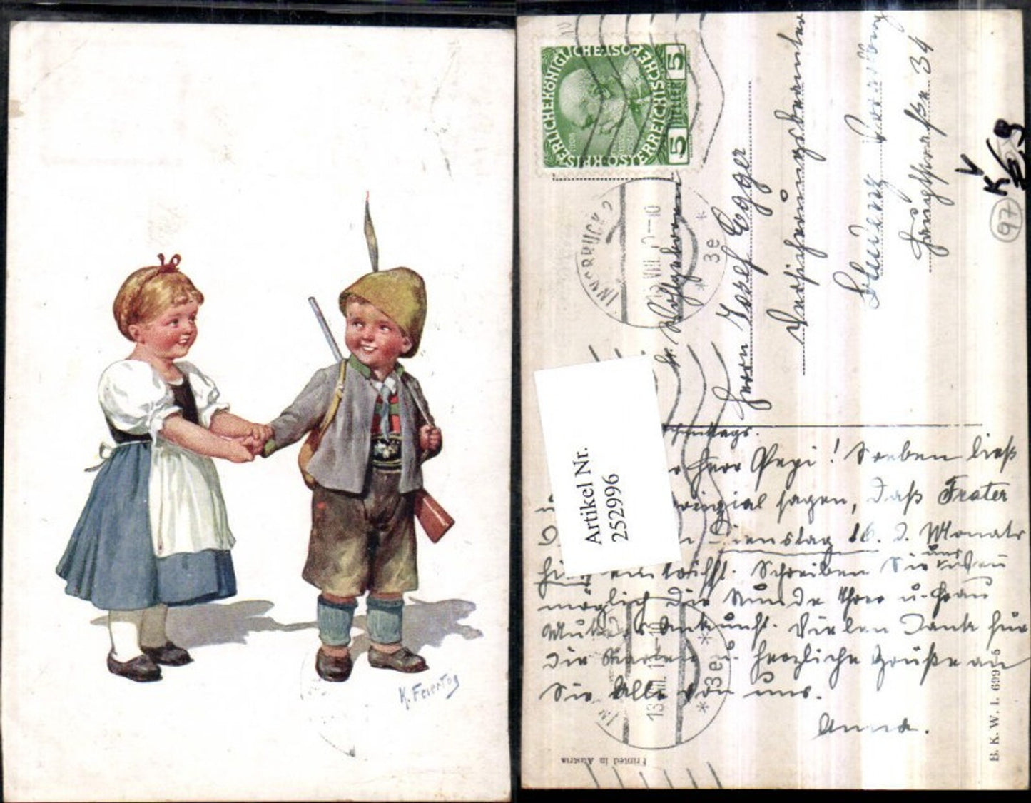 252996,Künstler AK Karl Feiertag Junge Mädchen in Tracht Hut Gewehr pub Brüder Kohn B.K.W.I. 699/5