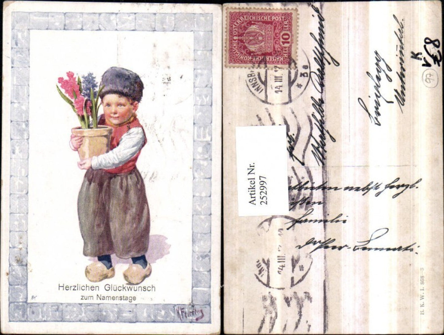 252997, Artist AK Karl Holiday Name Day Young Dutch Costume Flower Pot Slippers pub Brothers Kohn BKWI