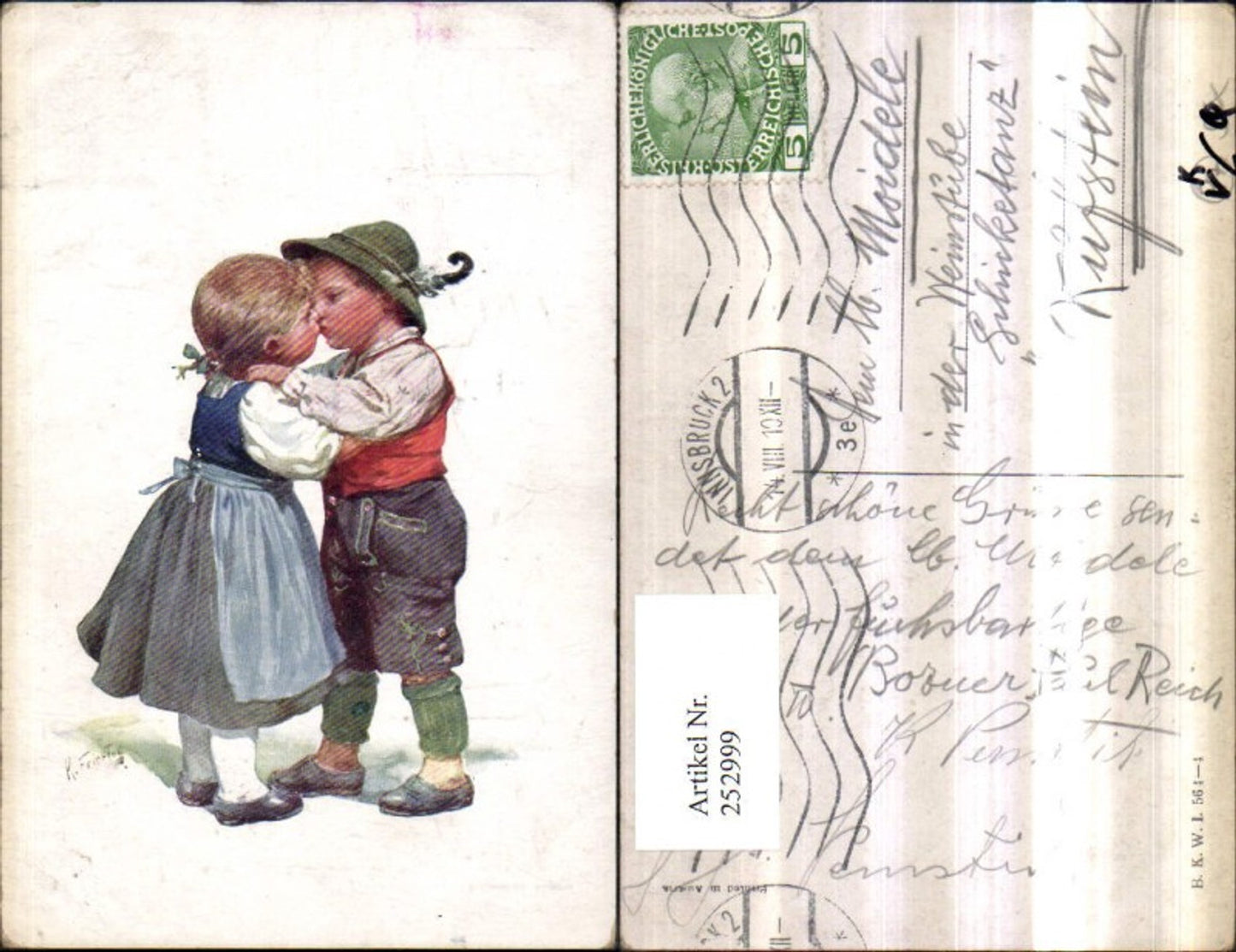 252999,Künstler AK Karl Feiertag Junge Mädchen in Tracht Kuss Hut pub Brüder Kohn B.K.W.I. 564/4