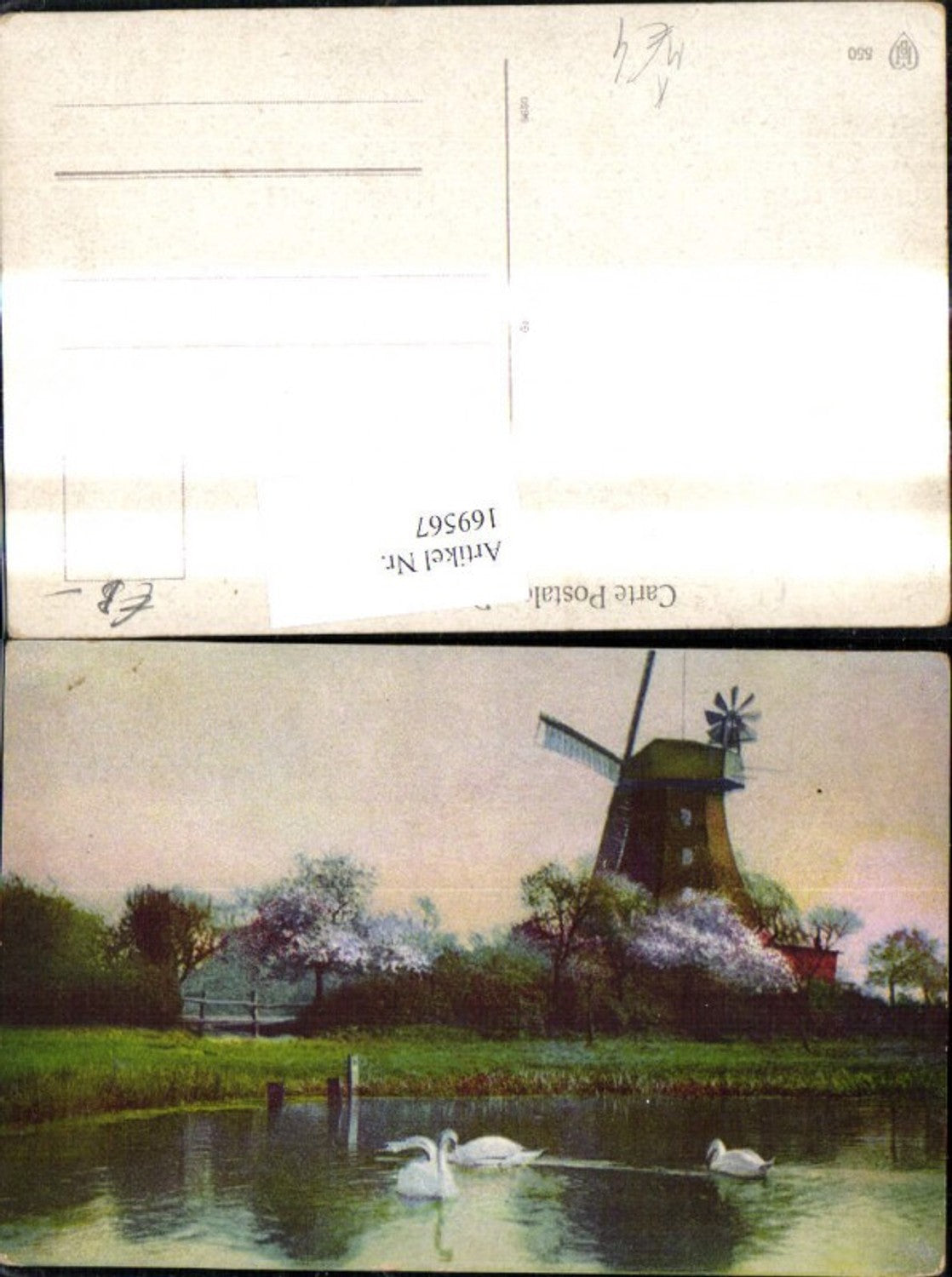 169567, Artist Ak Windmill Swans in Lake in Foreground Swan