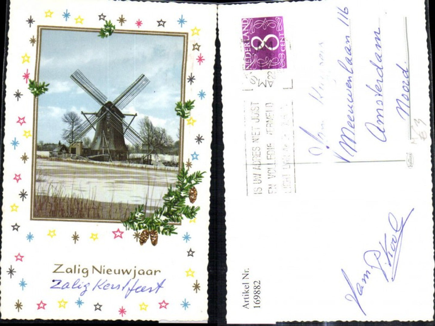 169882,Künstler Ak Windmühle Passepartout Sterne Zapfen Tannenzweige Zalig Nieuwjaar Neujahr