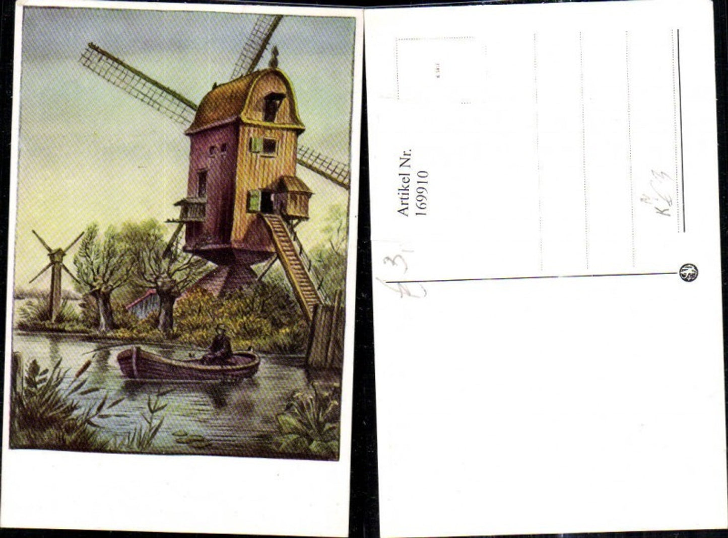 169910, Artist Ak Windmill Man Fisherman Fishing in Rowboat Boat in Foreground