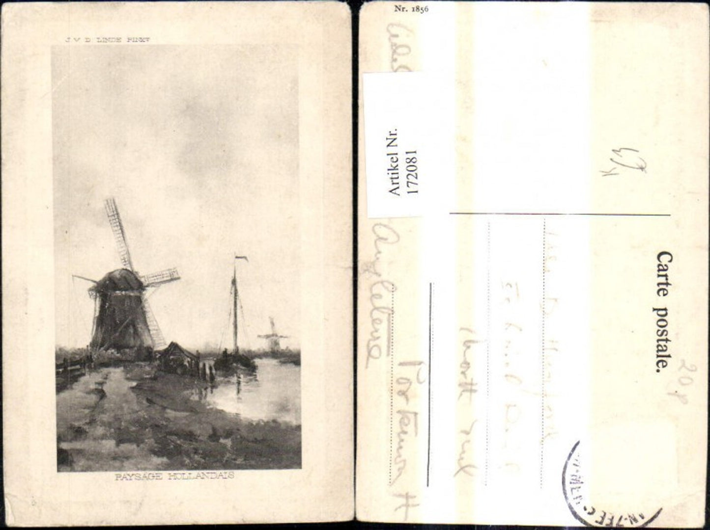 172081,Künstler Ak J. V. D. Linde Paysage Hollandais Windmühle