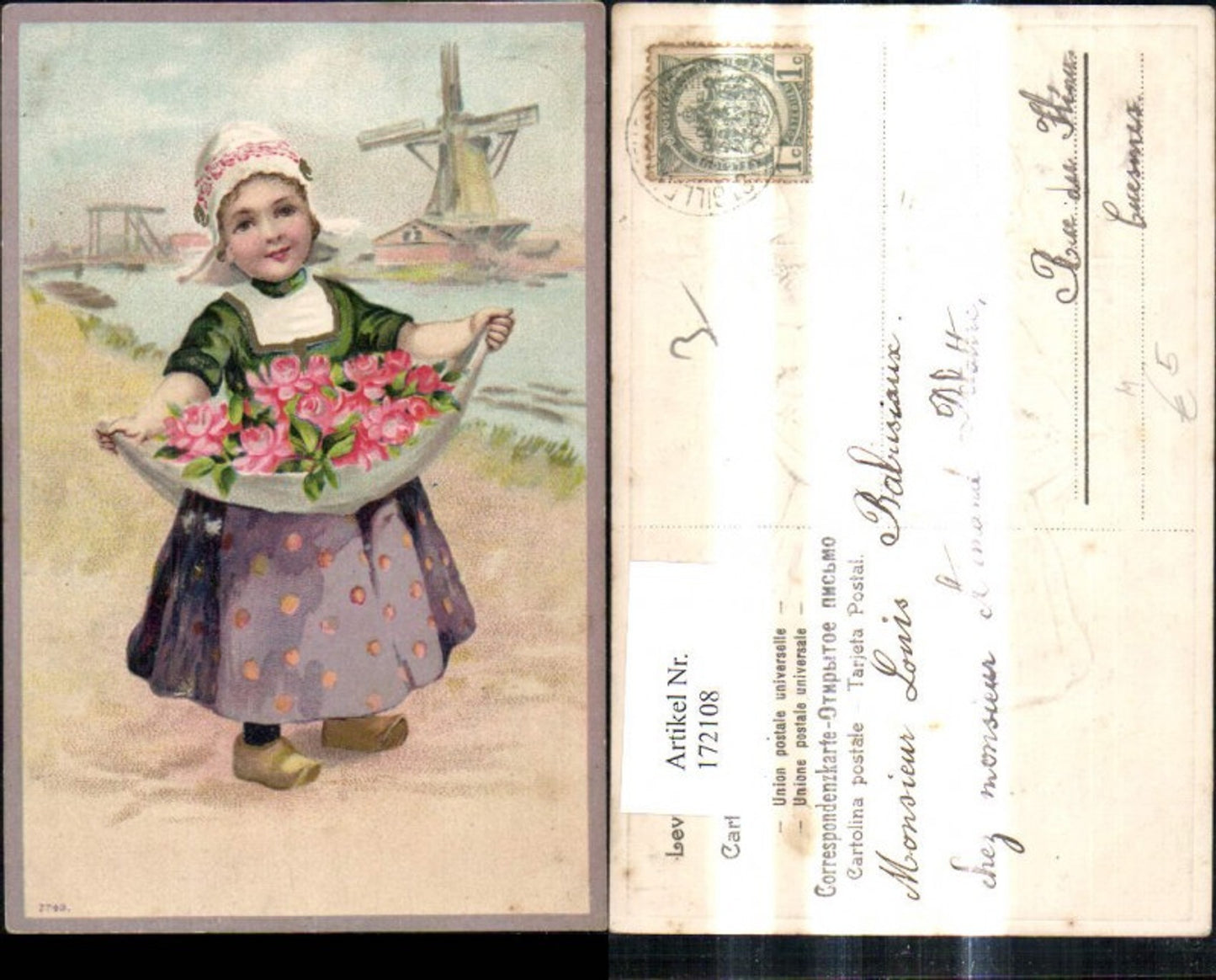172108,Präge Ak Windmühle Mädchen Holländischer Tracht Holzschuhe m. Blumen Rosen i. Vordergrund