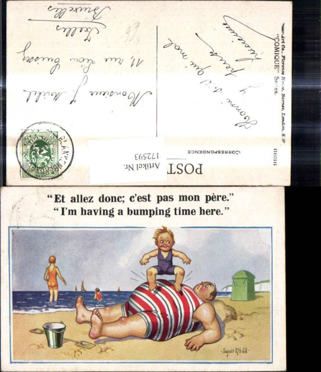 172593,Künstler Ak Donald Mc Gill Scherz Humor Bub hüpft a. Dicken Mann Strand