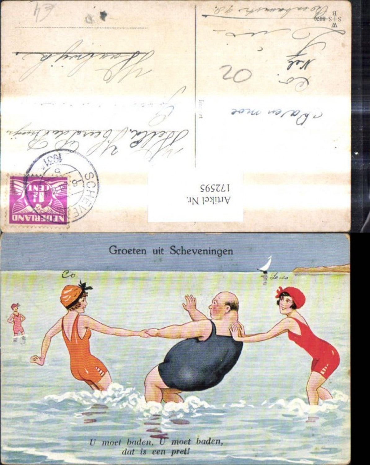 172595,Künstler Ak Scherz Humor Frauen ziehen Dicken Mann ins Wasser Groeten uit Scheveningen Spruch