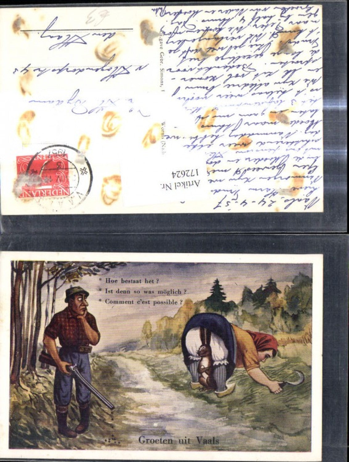 172624,Künstler Ak Scherz Humor Mann Jäger Hase steht u. Rock v. Frau Text Groeten uit Vaals