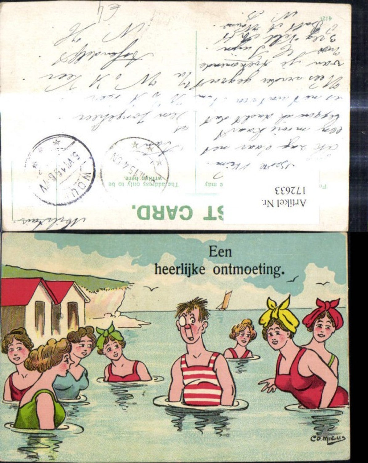 172633,Künstler Ak Comicus Scherz Humor Mann m. Frauen Baden Een heerlijke ontmoeting