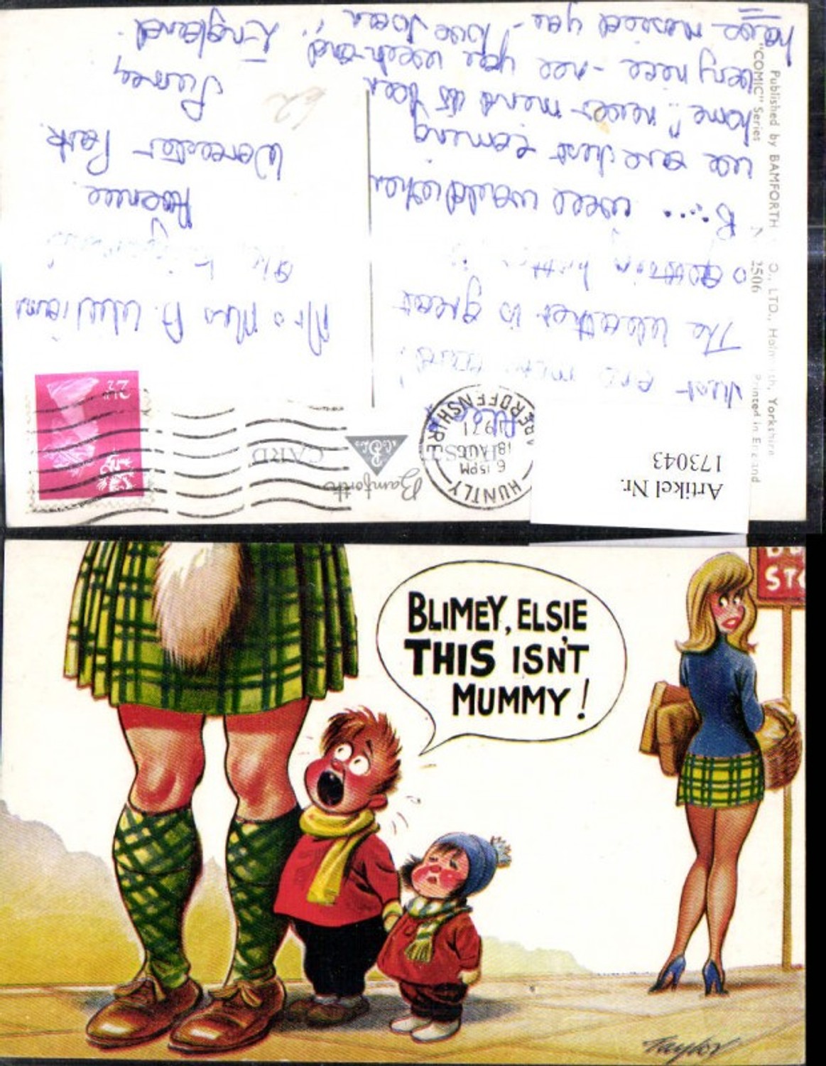 173043,Künstler Ak Taylor Scherz Humor Kinder schauen unter Schottenrock Blimey Elsie this is not Mummy