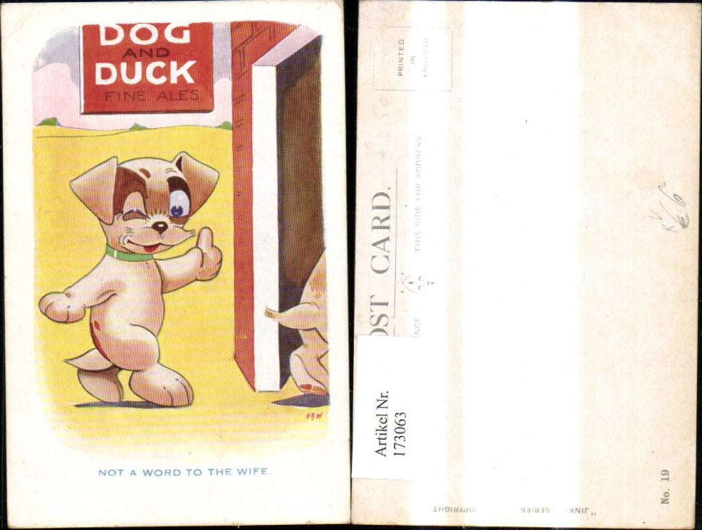 173063,Künstler Ak Scherz Humor Hund geht i. Pup Dog and Duck Fine Ales pub Jinky 19
