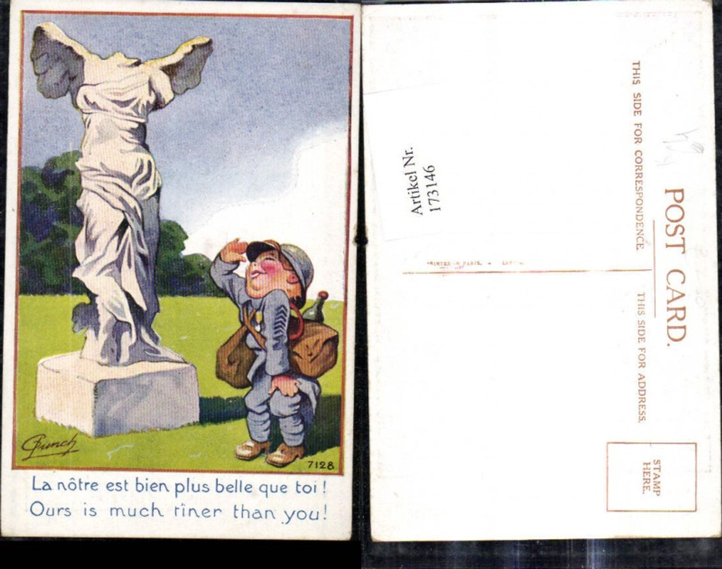 173146,Künstler Ak G. Lunch Scherz Humor Bub Kindersoldat salutiert v. kopfloser Statue Spruch