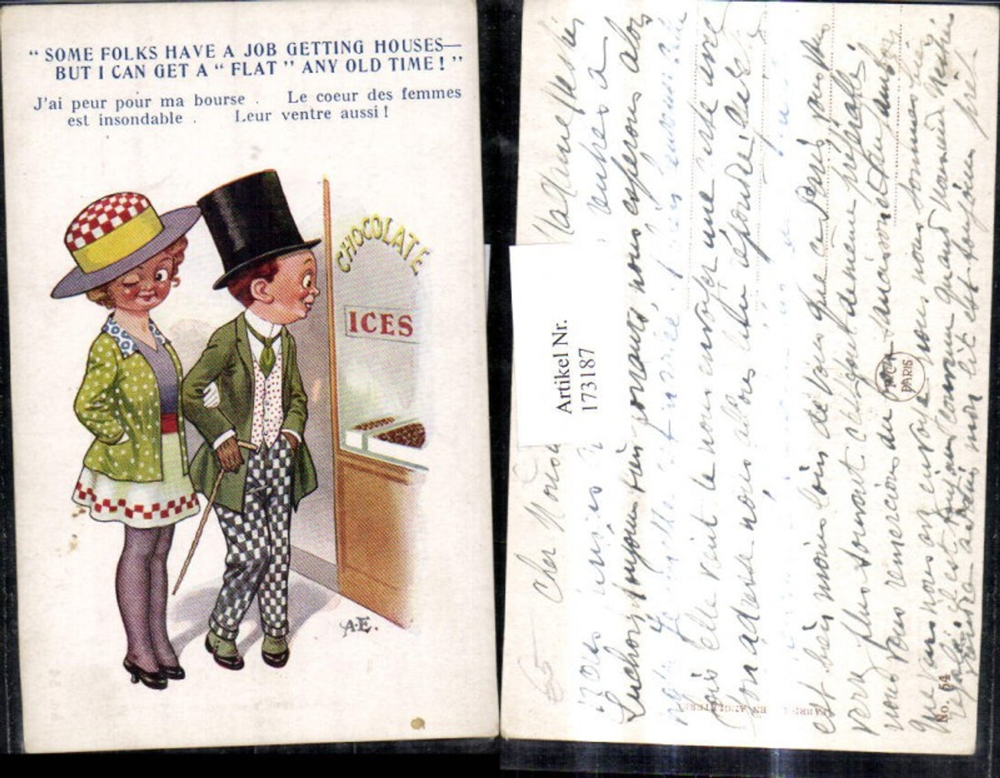 173187,Künstler Ak Scherz Humor Paar v. Chocolate Ices Auslage Spruch Text