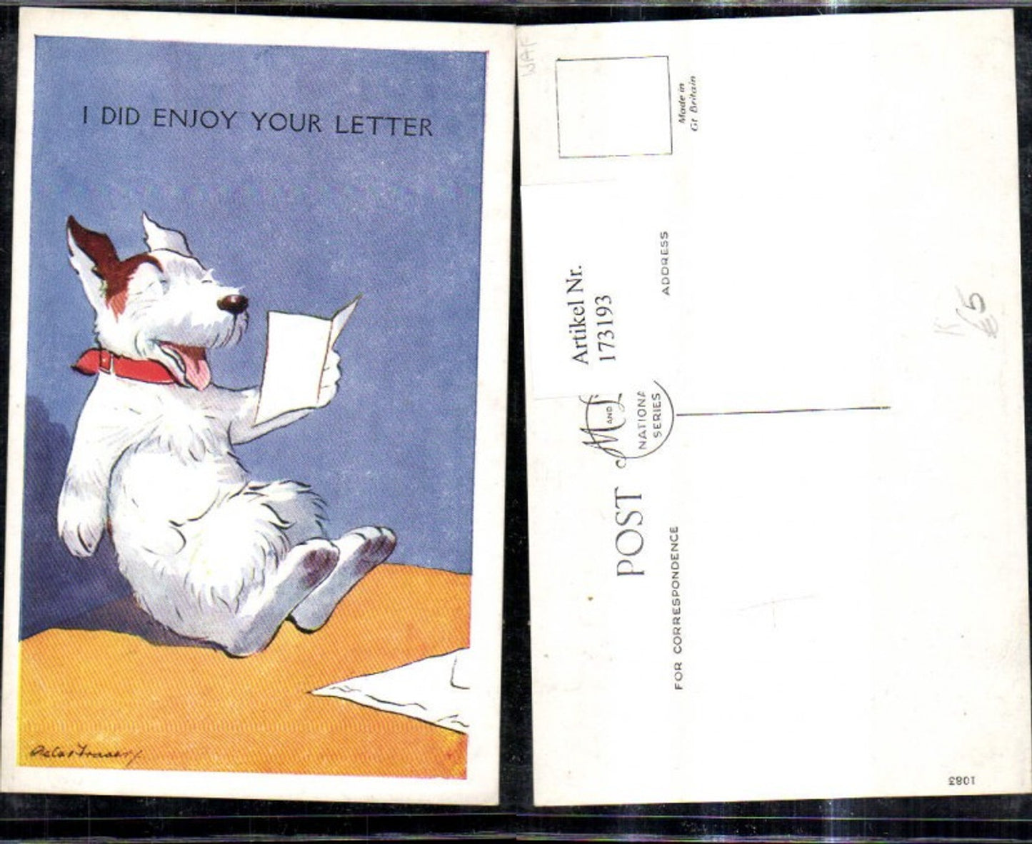 173193,Künstler Ak Scherz Humor Hund liest lachend Brief Lesen I did enjoy your Letter