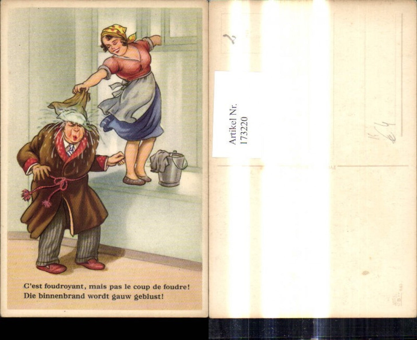 173220,Künstler Ak Scherz Humor Frau b. Fensterputzen Mann m. Putztuch a. Kopf Spruch Text