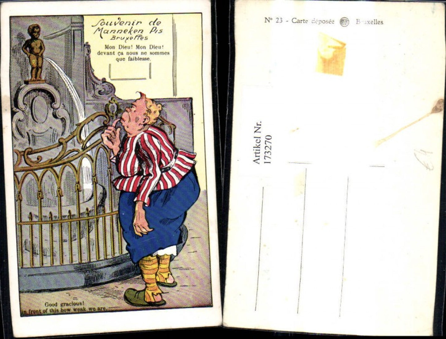 173270,Künstler Ak Scherz Humor Frau v. Manneken Pis Brunnen Bruxelles