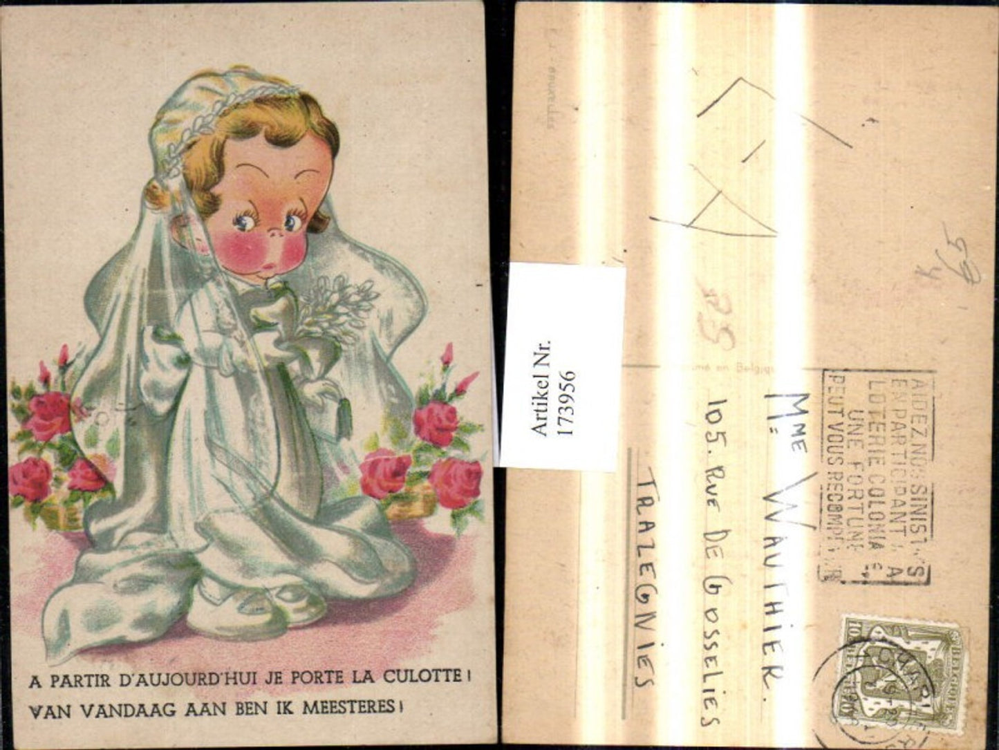 173956,Künstler Ak Mädchen a. Braut Korb m. Rosen Spruch Text
