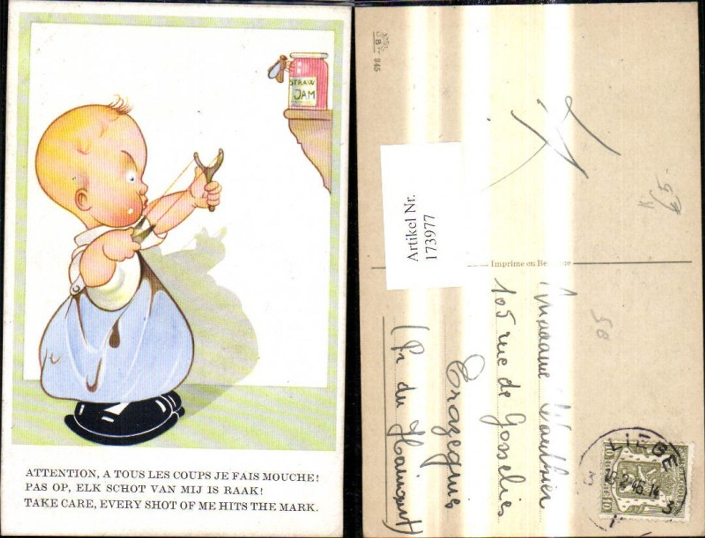 173977,Künstler Ak Bub m. Steinschleuder schießt a. Biene Marmeladenglas