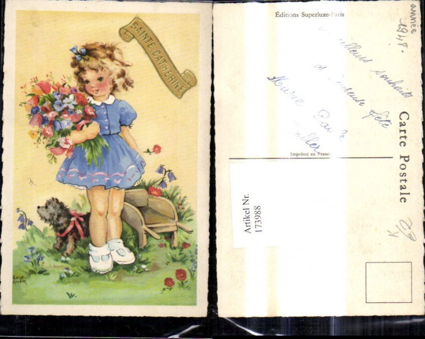 173988,Künstler Ak Luce Andre Süsses Mädchen m. Blumenstrauß Blumen Hund Sainte Catherine