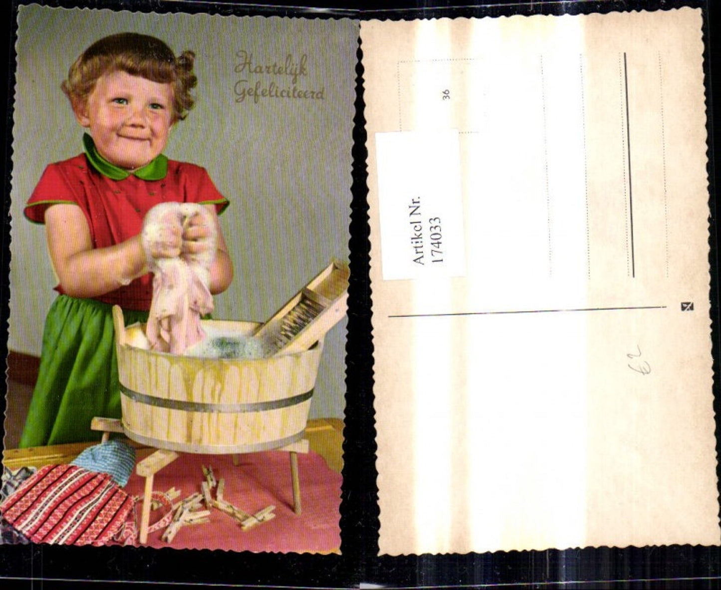 174033,Kinder Mädchen m. Waschtrog Waschbrett Wäschewaschen Hartelijk Gefeliciteerd