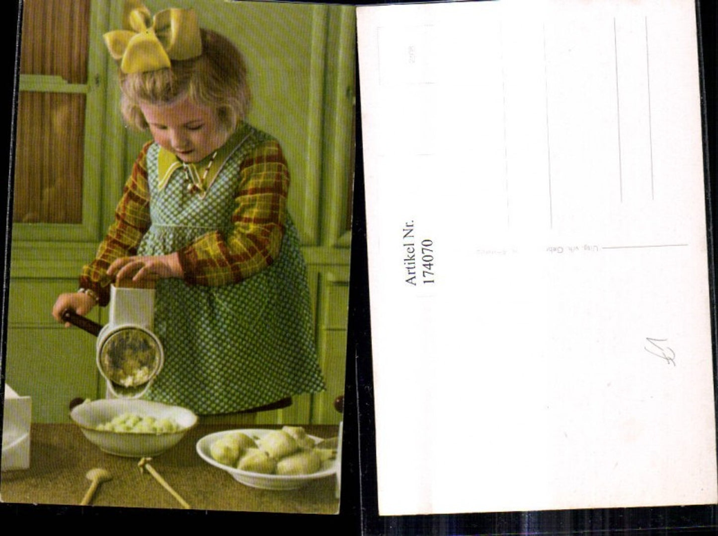 174070, Children Blonde girl with hair bow with meat grinder