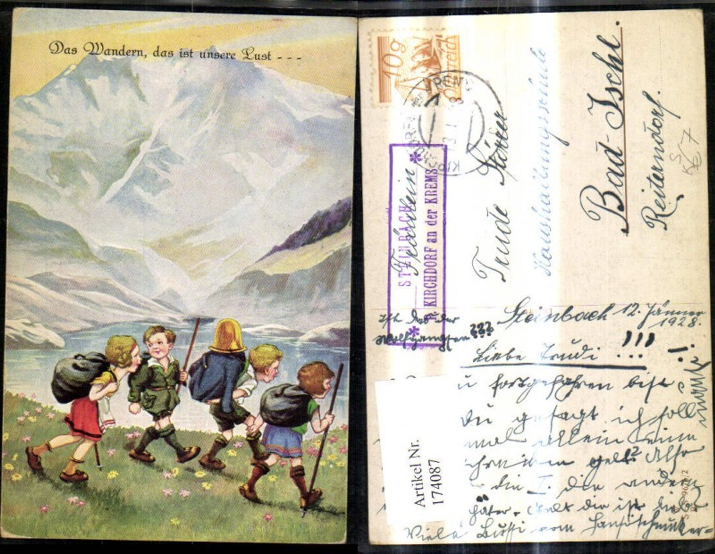 174087,Künstler Ak Kinder Wandern Bergsee Bergkulisse Spruch Stempel Steinbach Post Kirchdorf a. d. Krems