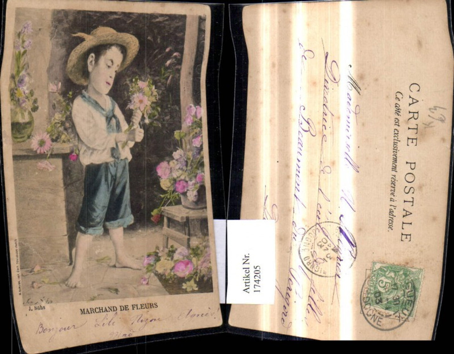174205,Künstler Ak J. Sühs Marchand de Fleurs Bub Junge Matrosenanzug m. Blumen Strauß