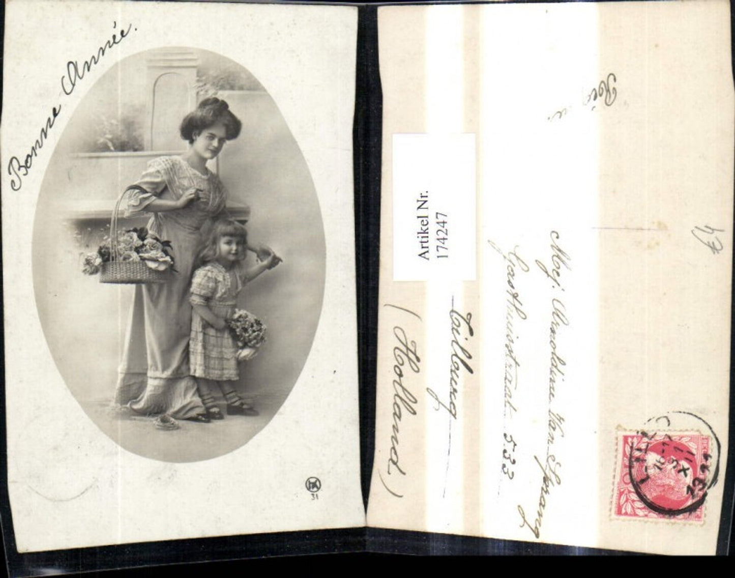 174247,Foto Ak Frau m. Kind Mädchen Korb m. Blumen Rosen Passepartout
