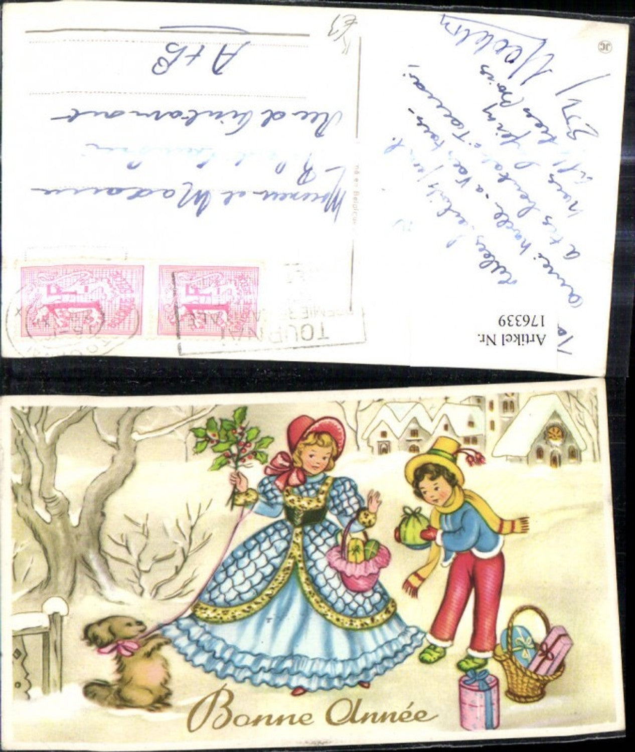 176339,Künstler Ak Kinder m. Körben Geschenken Hund i. Winterdorf Bonne Annee