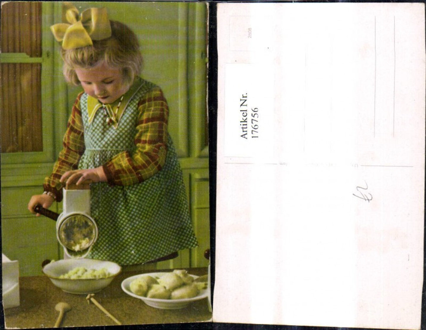 176756, Children Blonde girl with hair bow with meat grinder