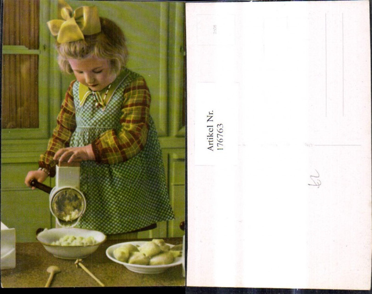 176763, Children Blonde girl with hair bow with meat grinder