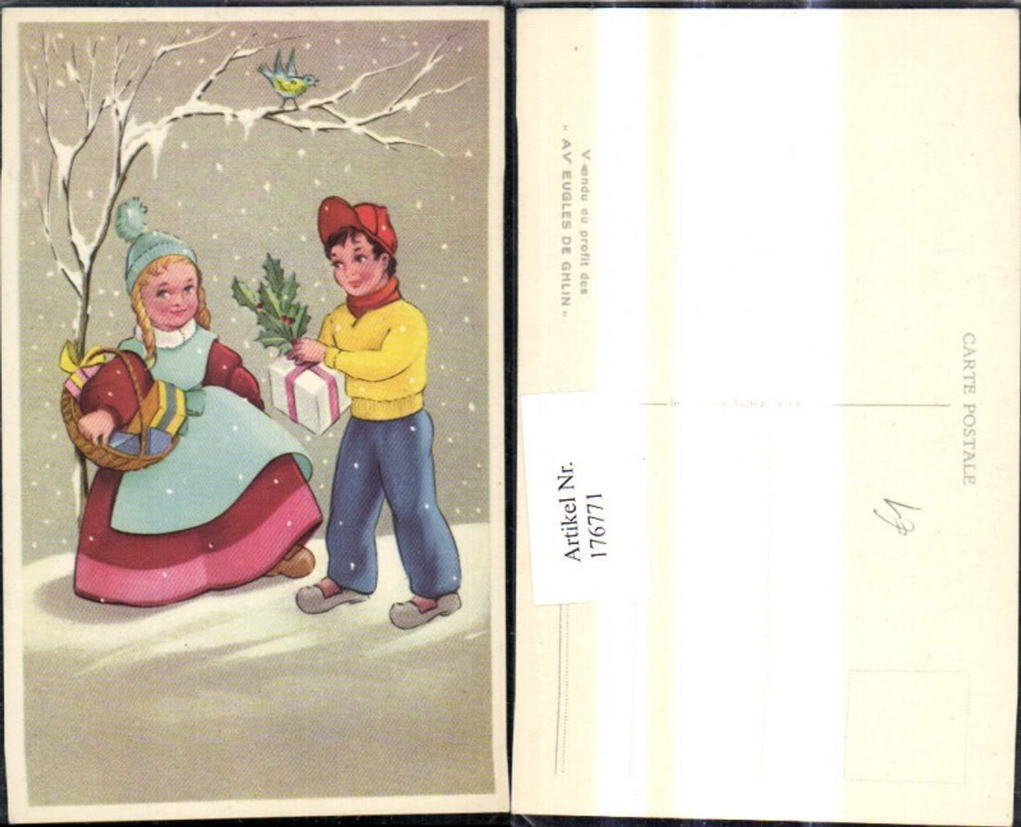 176771,Künstler Ak Kinder m. Geschenken Paketen Stechpalmenzweig Winterwald Vogel