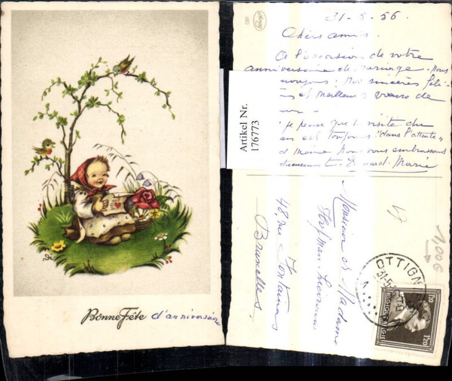 176773,Künstler Ak Mädchen liest singt unter Baum Lesen Vögel Bonne Fete