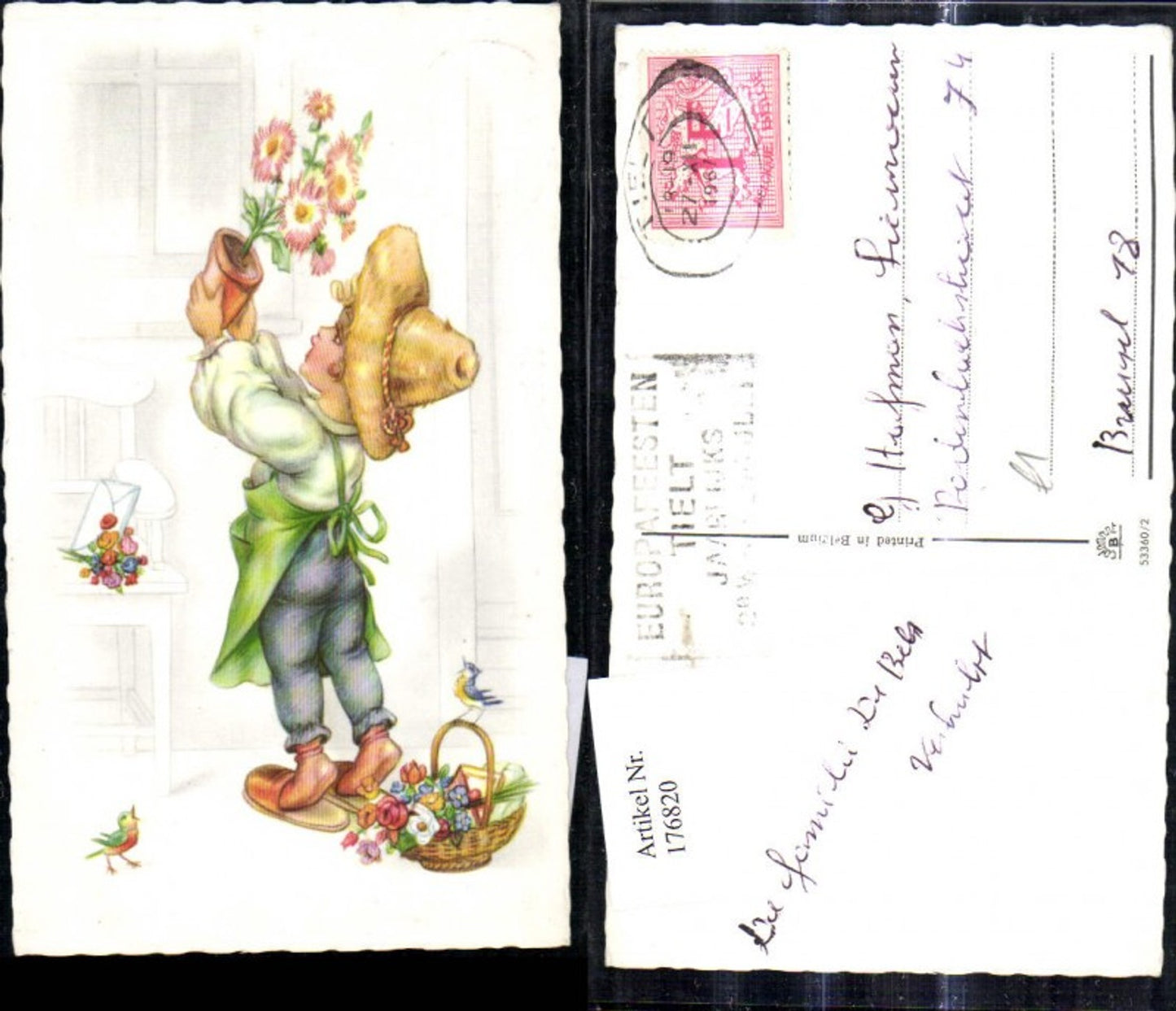 176820,Künstler Ak Kind Bub Junge Hut Schürze Blumentopf Brief Vogel Korb m. Blumen