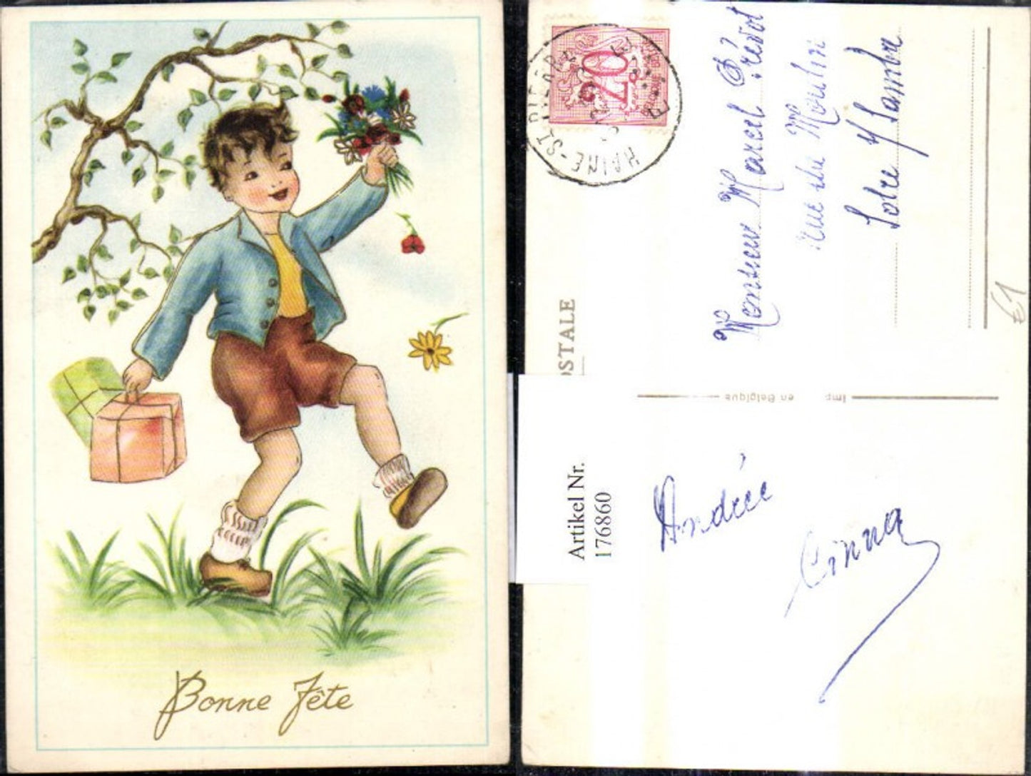176860,Künstler Ak Bub Junge Blumen Strauß Pakete Geschenke Ast Bonne Fete