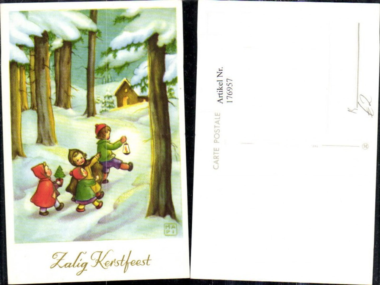 176957,Künstler Ak Mapi Kinder i. Winterwald Laterne Tannenbaum i. Topf Zalig Kerstfeest