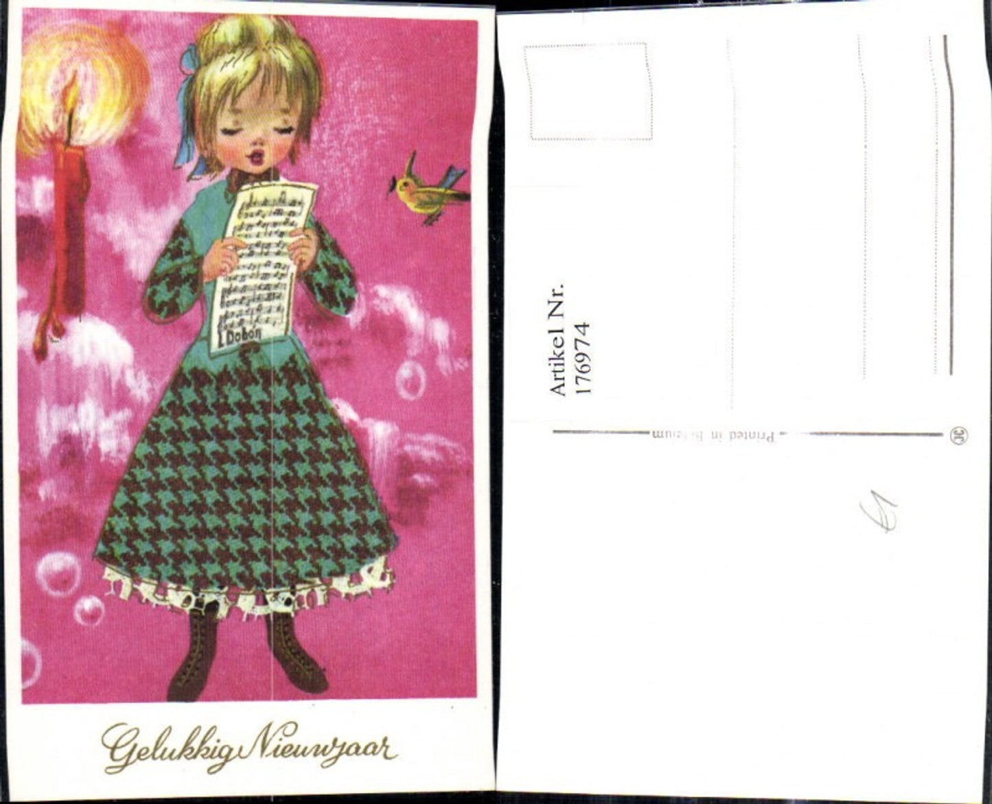 176974, Artist Ak L. Dobon Girl Singing Music Candle Bird Gold Ornament Happy New Year